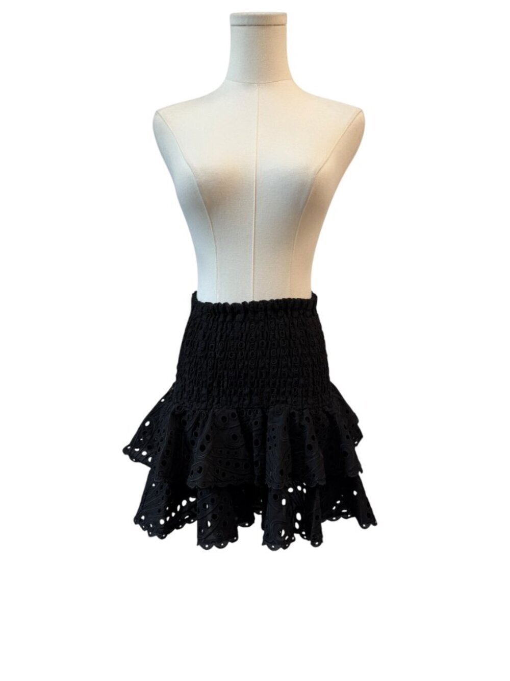 Charo Ruiz Black Smocked Eyelet Tiered Mini Skirt